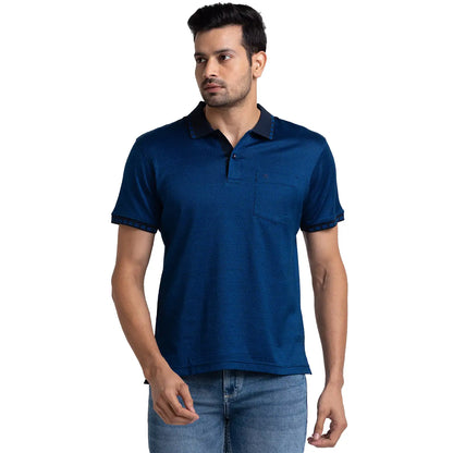Men Blue Contemporary Fit Jacquard Cotton Half Sleeve Polo T-Shirt