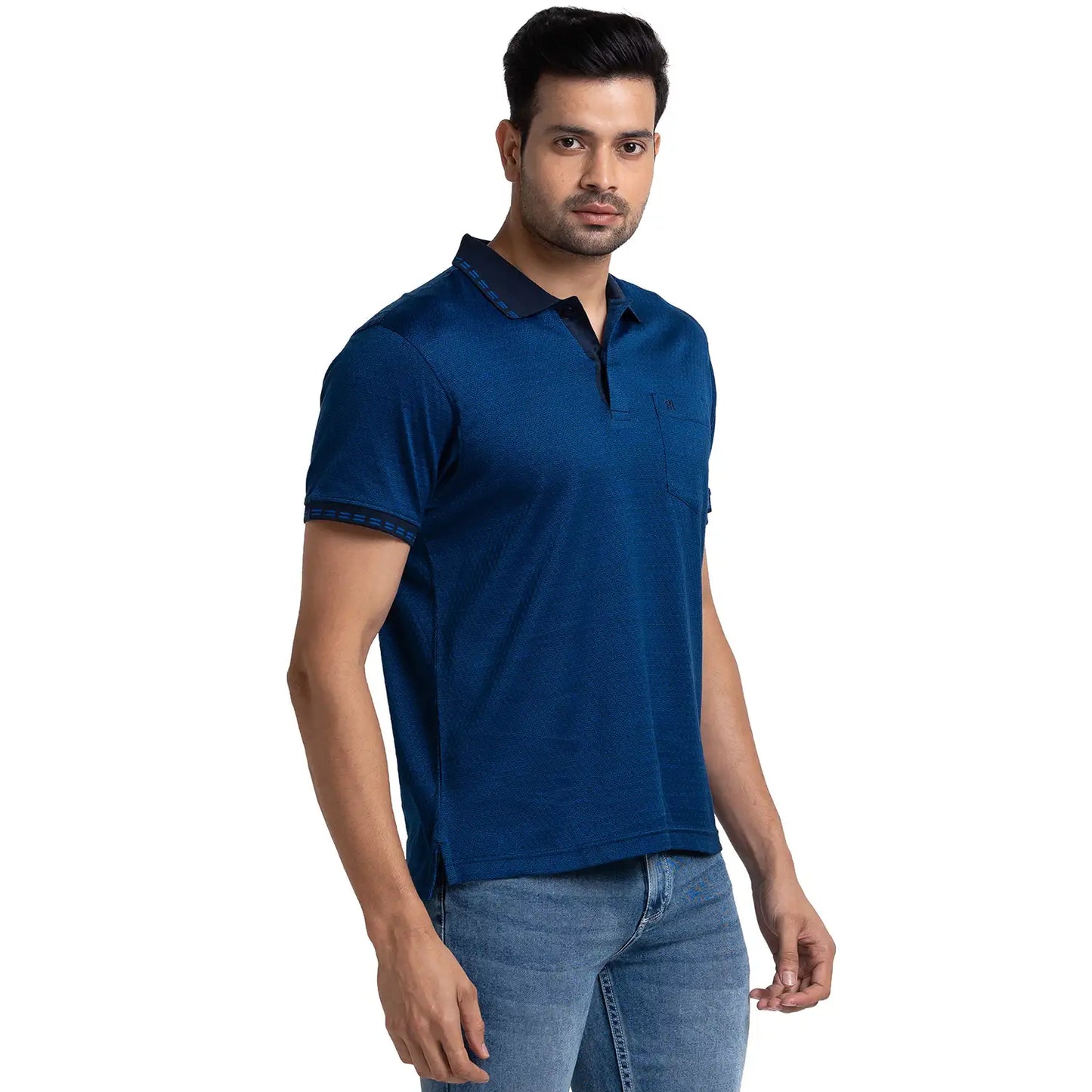 Men Blue Contemporary Fit Jacquard Cotton Half Sleeve Polo T-Shirt