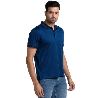 Men Blue Contemporary Fit Jacquard Cotton Half Sleeve Polo T-Shirt