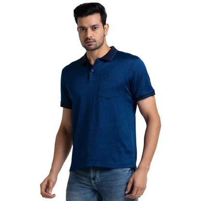 Men Blue Contemporary Fit Jacquard Cotton Half Sleeve Polo T-Shirt