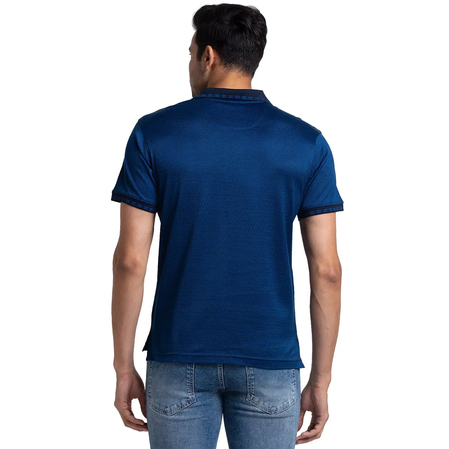 Men Blue Contemporary Fit Jacquard Cotton Half Sleeve Polo T-Shirt