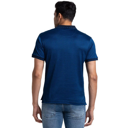 Men Blue Contemporary Fit Jacquard Cotton Half Sleeve Polo T-Shirt