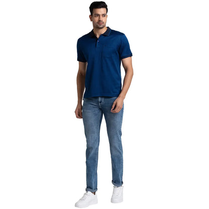 Men Blue Contemporary Fit Jacquard Cotton Half Sleeve Polo T-Shirt