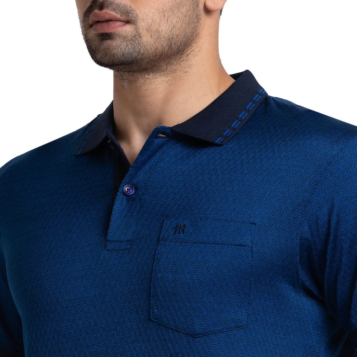 Men Blue Contemporary Fit Jacquard Cotton Half Sleeve Polo T-Shirt