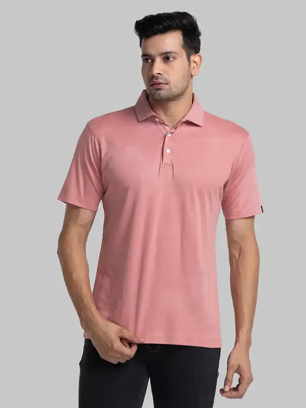 Men Red Contemporary Fit Solid Cotton Round Neck Collar Polo T-Shirt
