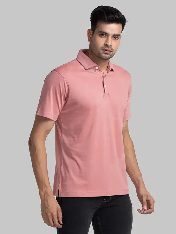 Men Red Contemporary Fit Solid Cotton Round Neck Collar Polo T-Shirt