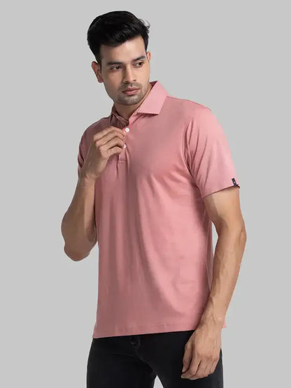 Men Red Contemporary Fit Solid Cotton Round Neck Collar Polo T-Shirt