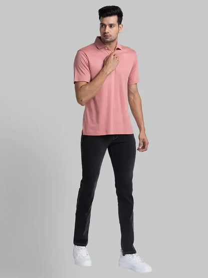 Men Red Contemporary Fit Solid Cotton Round Neck Collar Polo T-Shirt