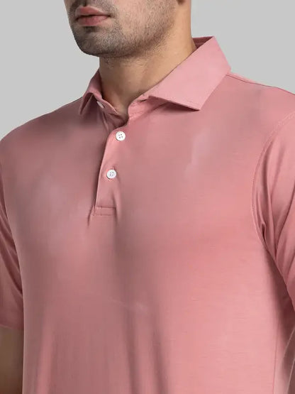 Men Red Contemporary Fit Solid Cotton Round Neck Collar Polo T-Shirt