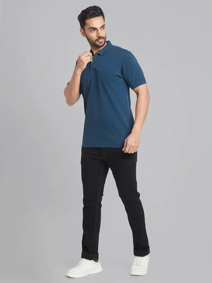 Men Green Contemporary Fit Solid Knit Cotton Polo T-Shirt