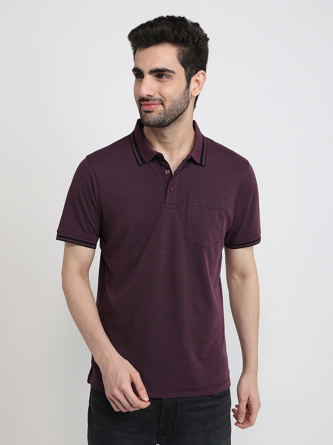 Raymond Men Purple Two Tone Regular Fit Polyester Blend Half Sleeve T-Shirt