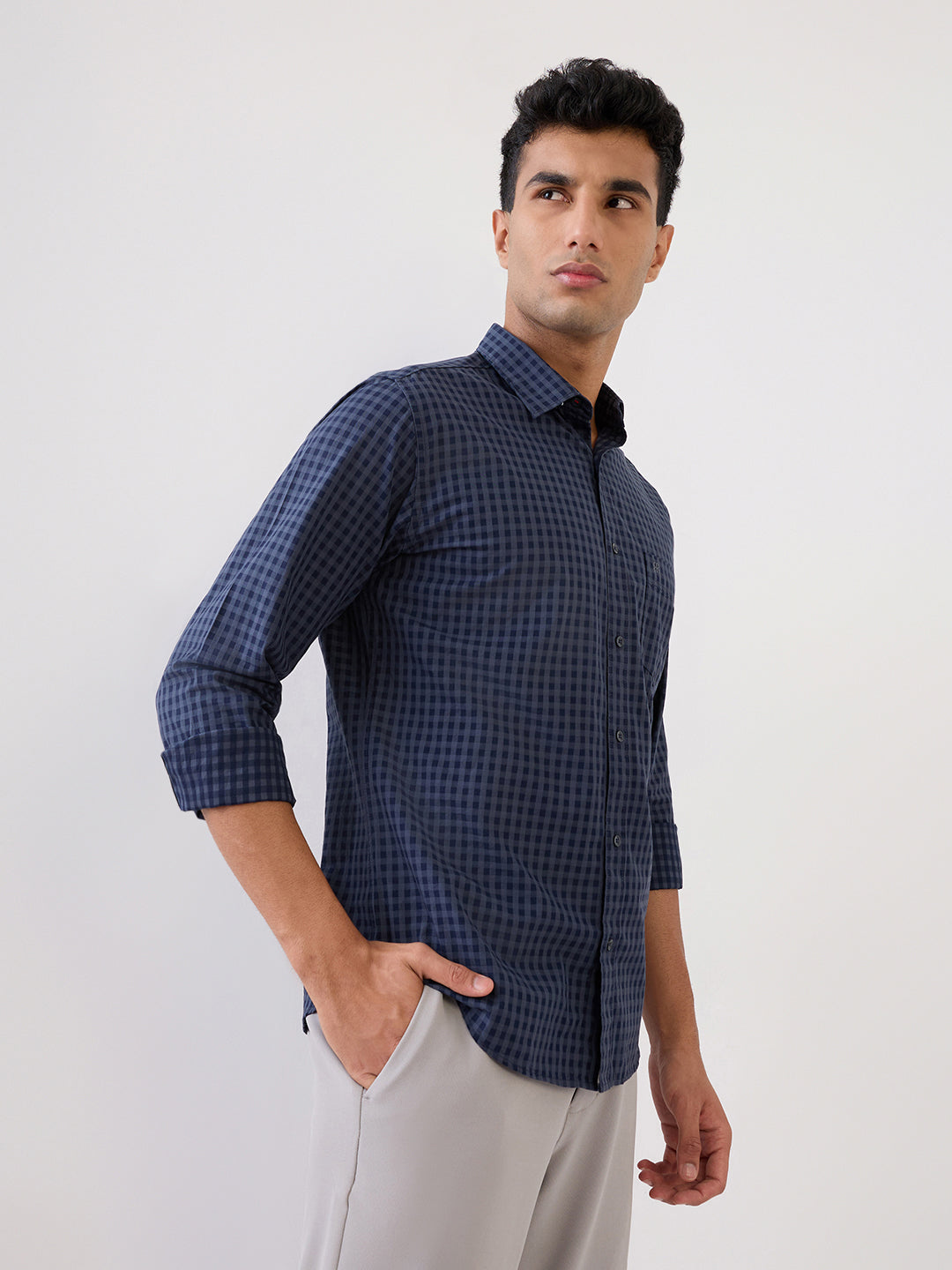 Raymond Men Grey Checks Regular Fit Cotton Full Sleeve Casual Shirt