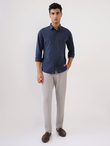 Raymond Men Grey Checks Regular Fit Cotton Full Sleeve Casual Shirt