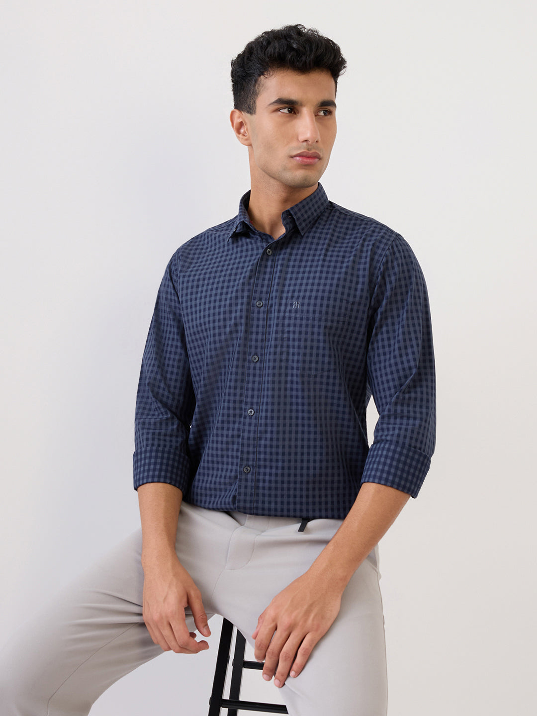 Raymond Men Grey Checks Regular Fit Cotton Full Sleeve Casual Shirt