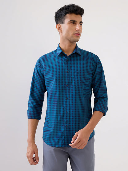 Raymond Men Blue Checks Regular Fit Cotton Full Sleeve Casual Shirt