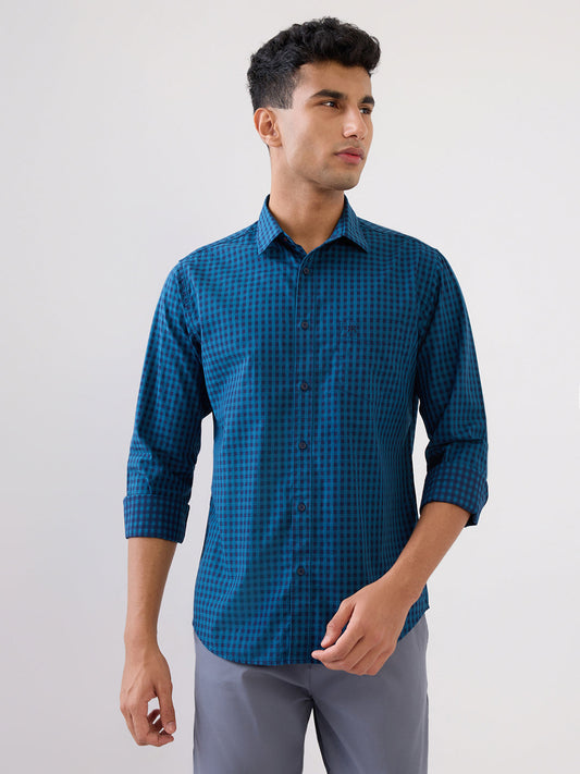 Raymond Men Blue Checks Regular Fit Cotton Full Sleeve Casual Shirt