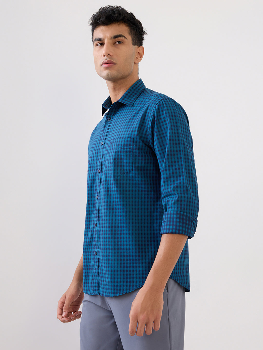 Raymond Men Blue Checks Regular Fit Cotton Full Sleeve Casual Shirt