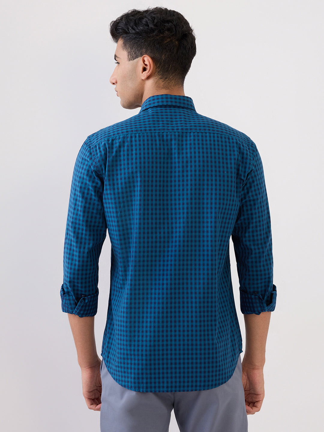 Raymond Men Blue Checks Regular Fit Cotton Full Sleeve Casual Shirt