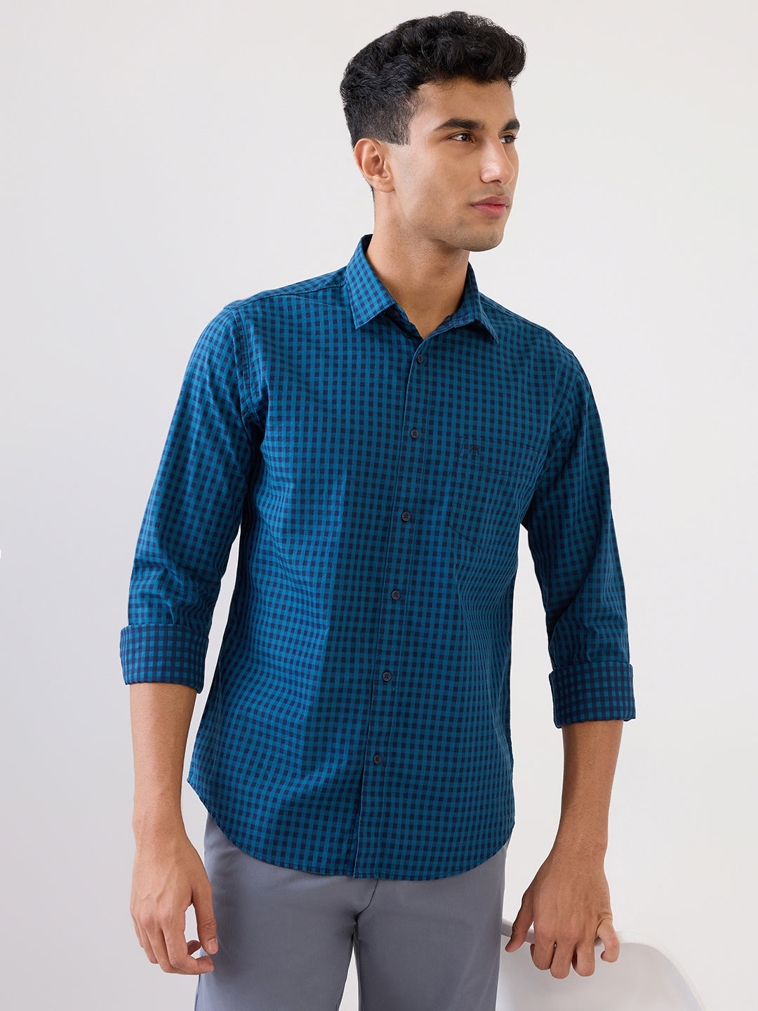 Raymond Men Blue Checks Regular Fit Cotton Full Sleeve Casual Shirt