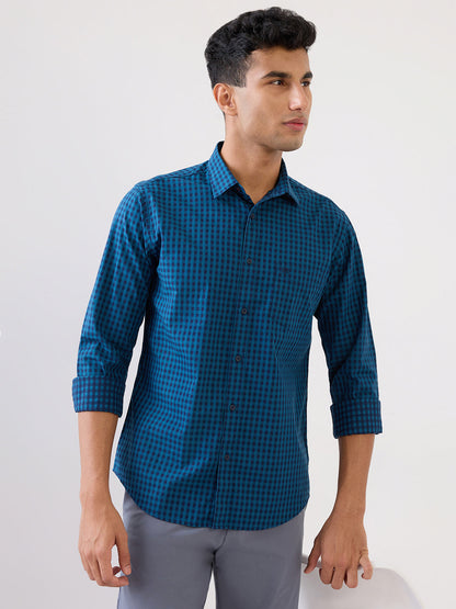 Raymond Men Blue Checks Regular Fit Cotton Full Sleeve Casual Shirt
