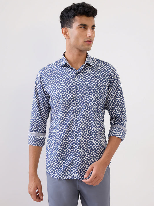 Raymond Men Blue Printed Regular Fit Linen Blend Full Sleeve Casual Shirt
