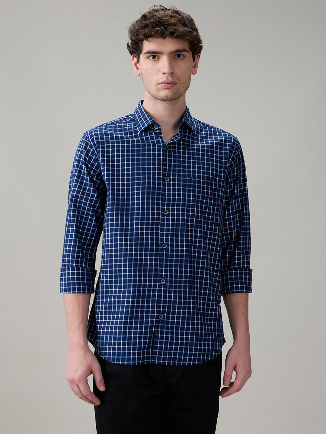 Raymond Men Blue Checks Slim Fit Cotton Full Sleeve Casual Shirt