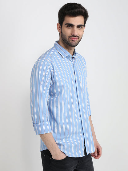 Raymond Men Blue Stripe Slim Fit Cotton Full Sleeve Cut Away Collar Casual Shirt