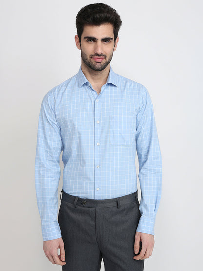 Raymond Men Blue Checks Slim Fit Cotton Full Sleeve Cut Away Collar Casual Shirt