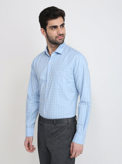Raymond Men Blue Checks Slim Fit Cotton Full Sleeve Cut Away Collar Casual Shirt