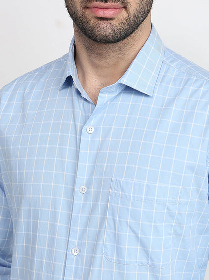 Raymond Men Blue Checks Slim Fit Cotton Full Sleeve Cut Away Collar Casual Shirt