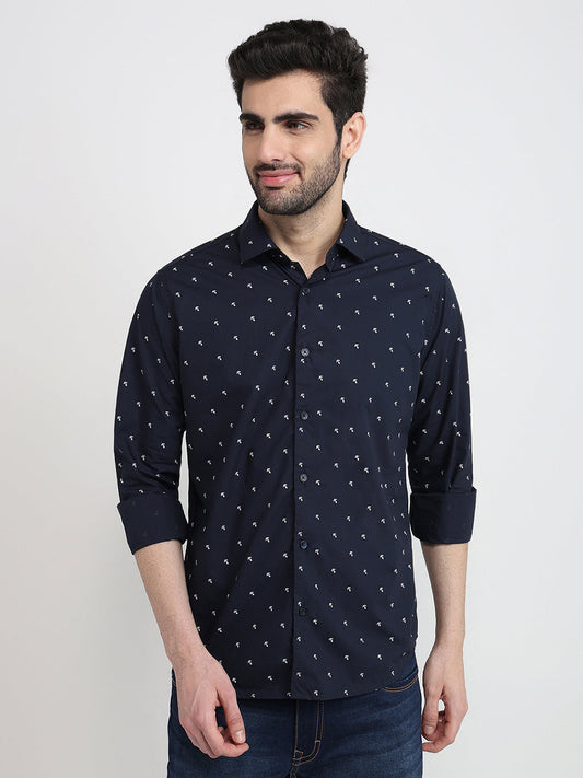 Raymond Men Blue Printed Slim Fit Cotton Full Sleeve Cut Away Collar Casual Shirt