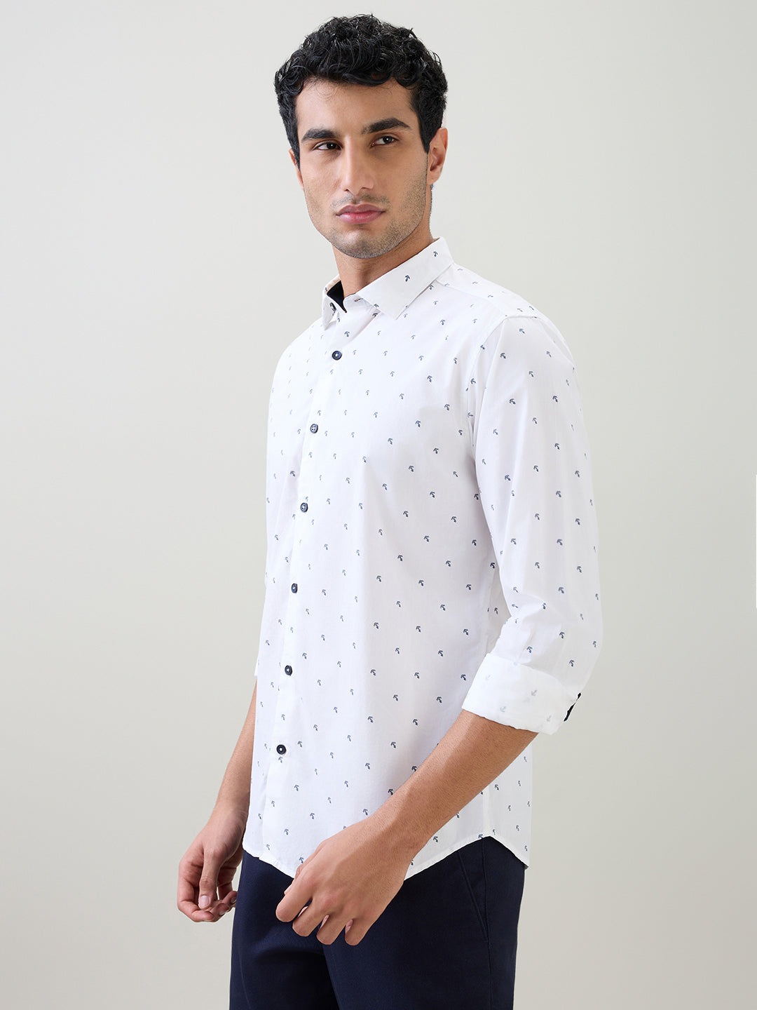 Raymond Men White Printed Slim Fit Cotton Full Sleeve Cut Away Collar Casual Shirt