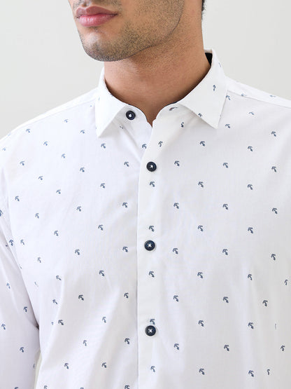 Raymond Men White Printed Slim Fit Cotton Full Sleeve Cut Away Collar Casual Shirt