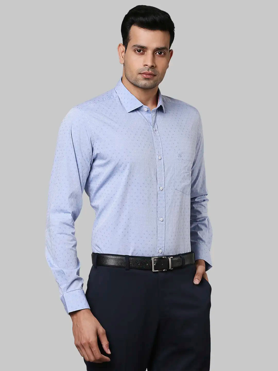 Raymond Men Blue Jacquard Contemporary Fit Cotton Shirts