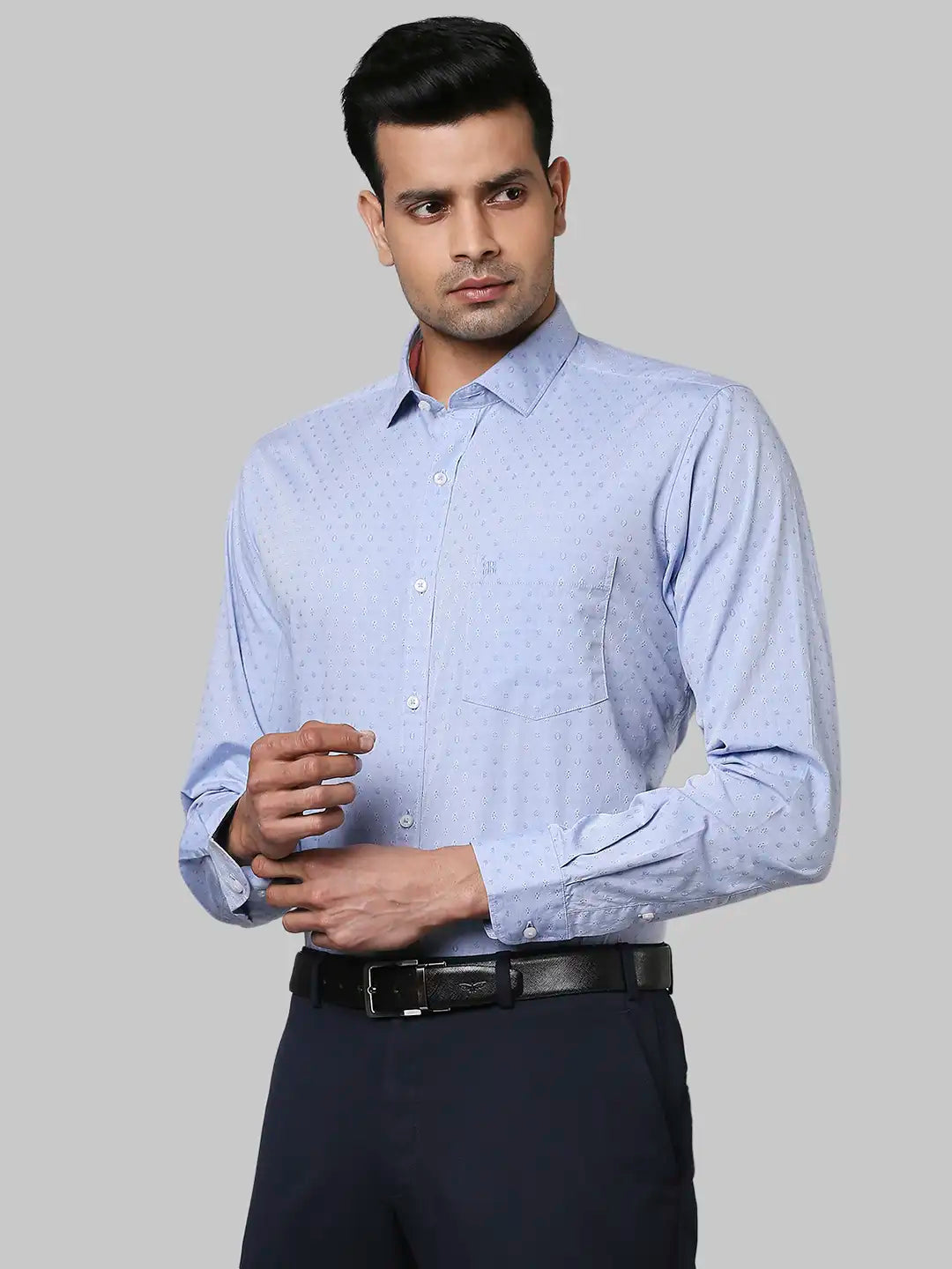 Raymond Men Blue Jacquard Contemporary Fit Cotton Shirts