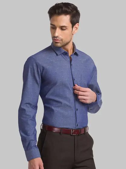 Men Blue Contemporary Fit Structure Cotton Shirts