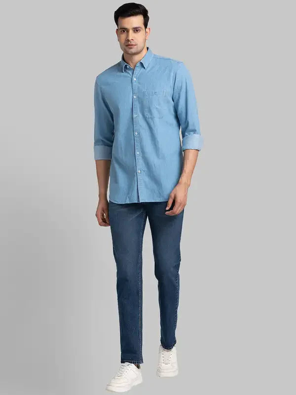 Men Blue Contemporary Fit Solid Cotton Shirts