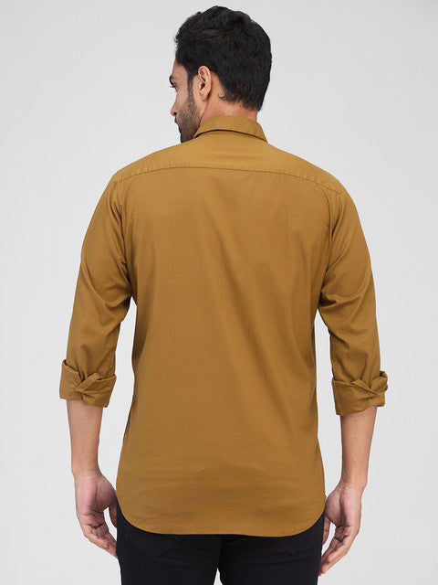 Raymond Men Khaki Solid Contemporary Fit Cotton Blend Casual Shirts