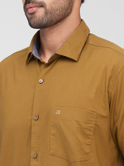 Raymond Men Khaki Solid Contemporary Fit Cotton Blend Casual Shirts
