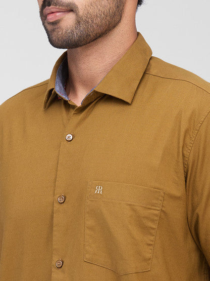 Raymond Men Khaki Solid Contemporary Fit Cotton Blend Casual Shirts