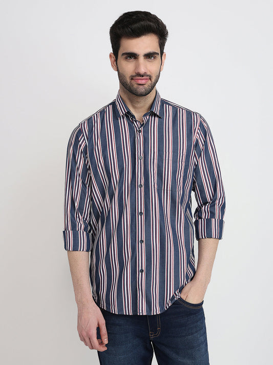 Raymond Men Blue Stripe Regular Fit Cotton Full Sleeve Casual Shirt