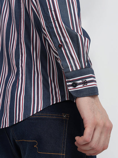 Raymond Men Blue Stripe Regular Fit Cotton Full Sleeve Casual Shirt