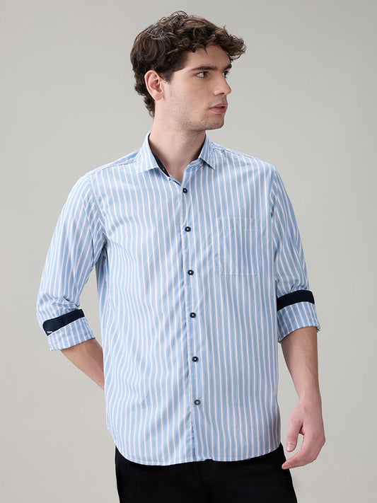 Raymond Men Blue Stripe Regular Fit Cotton Full Sleeve Casual Shirt