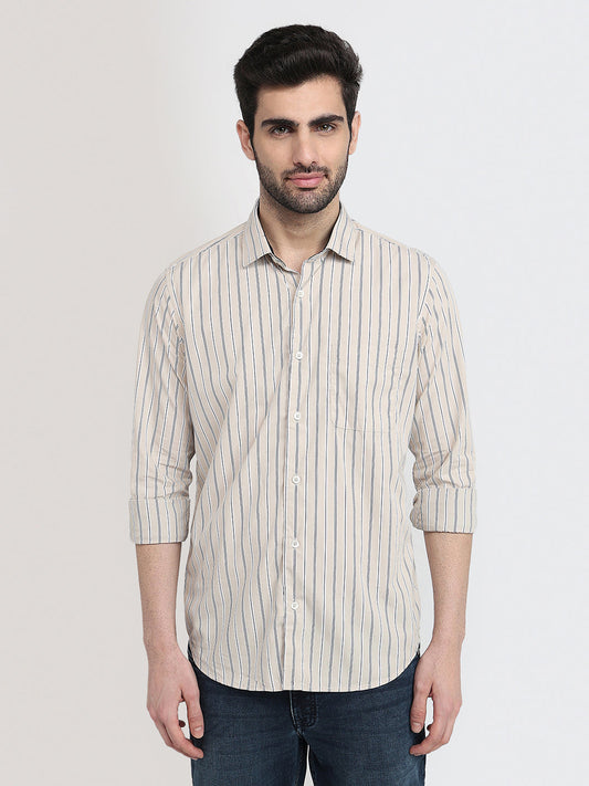 Raymond Men Brown Stripe Regular Fit Cotton Full Sleeve Regular Collar Casual Shirt