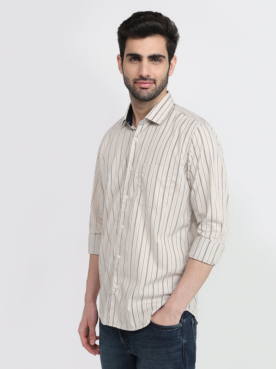 Raymond Men Brown Stripe Regular Fit Cotton Full Sleeve Regular Collar Casual Shirt