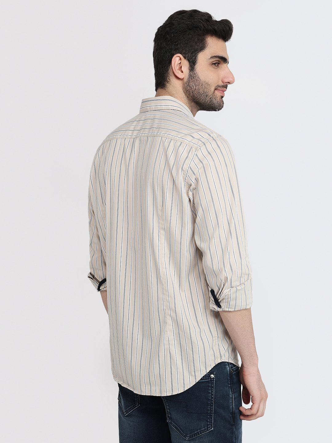 Raymond Men Brown Stripe Regular Fit Cotton Full Sleeve Regular Collar Casual Shirt