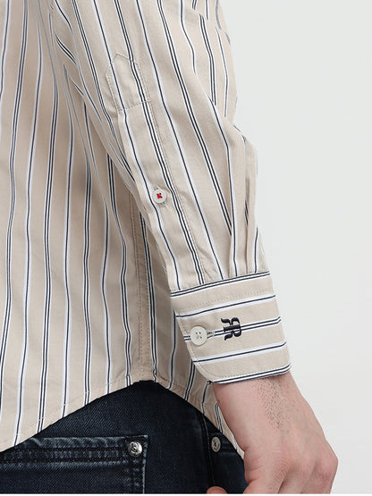 Raymond Men Brown Stripe Regular Fit Cotton Full Sleeve Regular Collar Casual Shirt