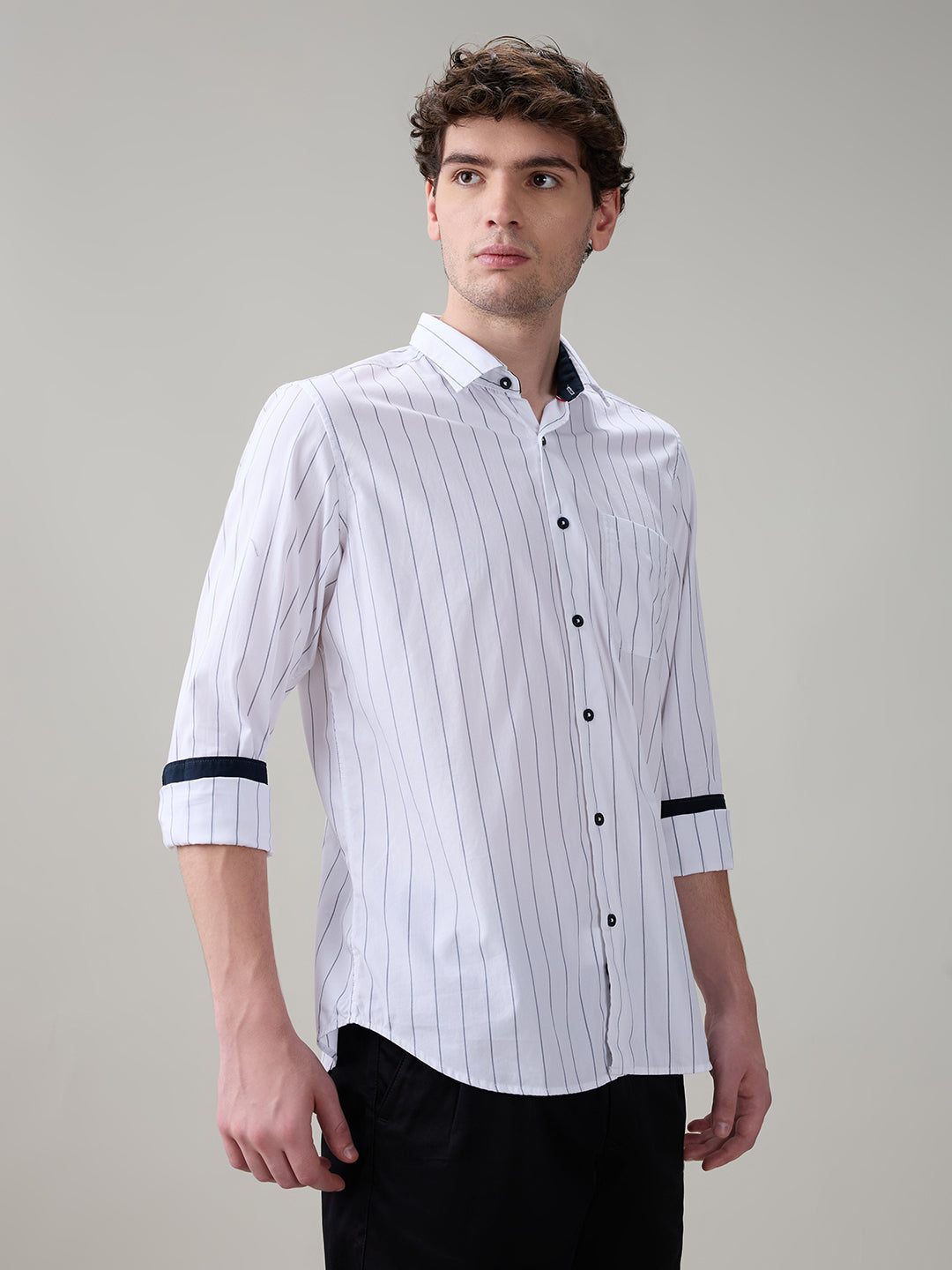 Raymond Men White Stripe Regular Fit Cotton Full Sleeve Casual Shirt