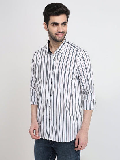 Raymond Men White Stripe Regular Fit Cotton Full Sleeve Casual Shirt