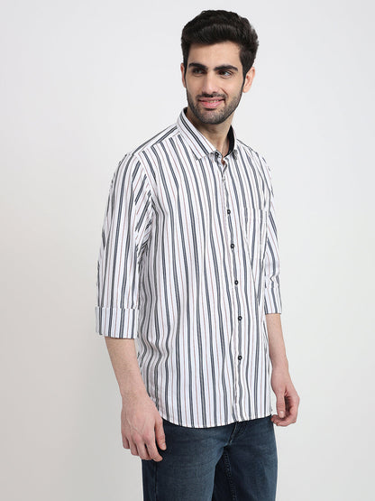 Raymond Men White Stripe Regular Fit Cotton Full Sleeve Casual Shirt